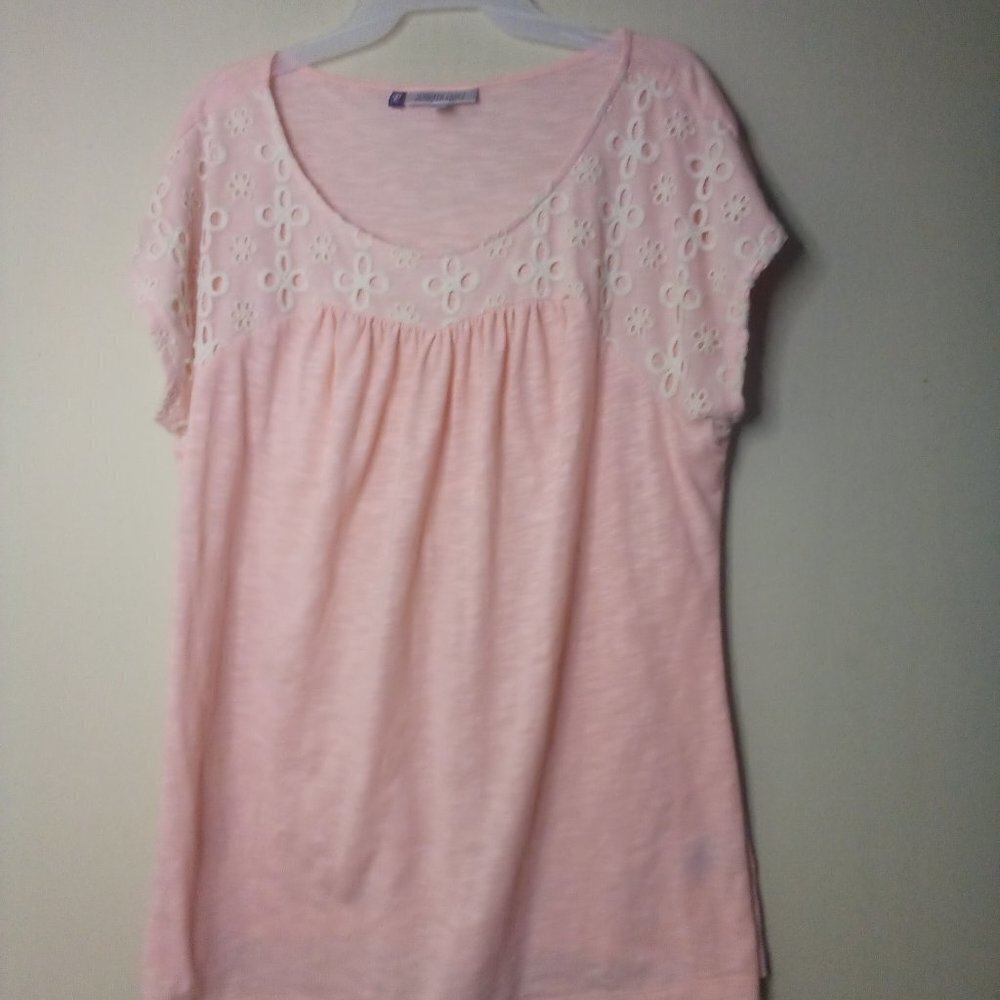 Jennifer Lopez Shirt Blouse Women 1X Short Sleeve Embroidery Pink Peach